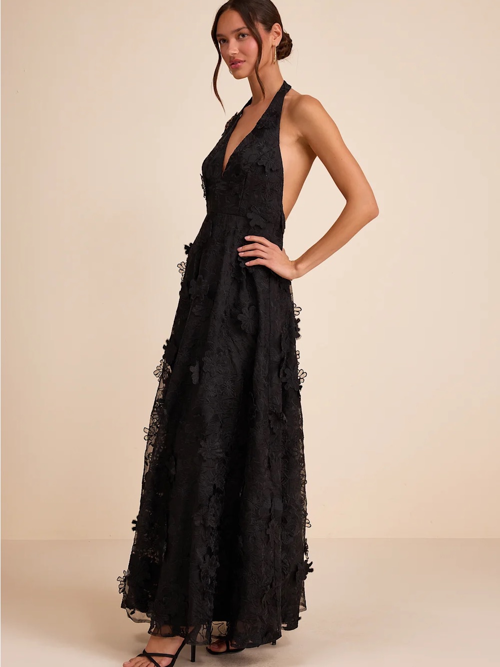Lulu's Black Halter Backless Lace Gown